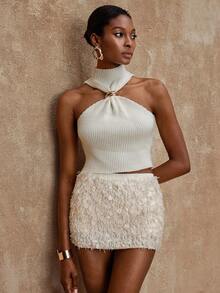 Lumalex 女士纯色亮片时尚修身半身裙，贴合身形，优雅迷人，适合春夏、晚宴、派对、秋季新款女装、派对奢华半身裙、秋冬时尚、优雅休闲、秋日休闲、周末、度假、生日、情人节、海滩度假等场合。 - 米色 - 查看 6