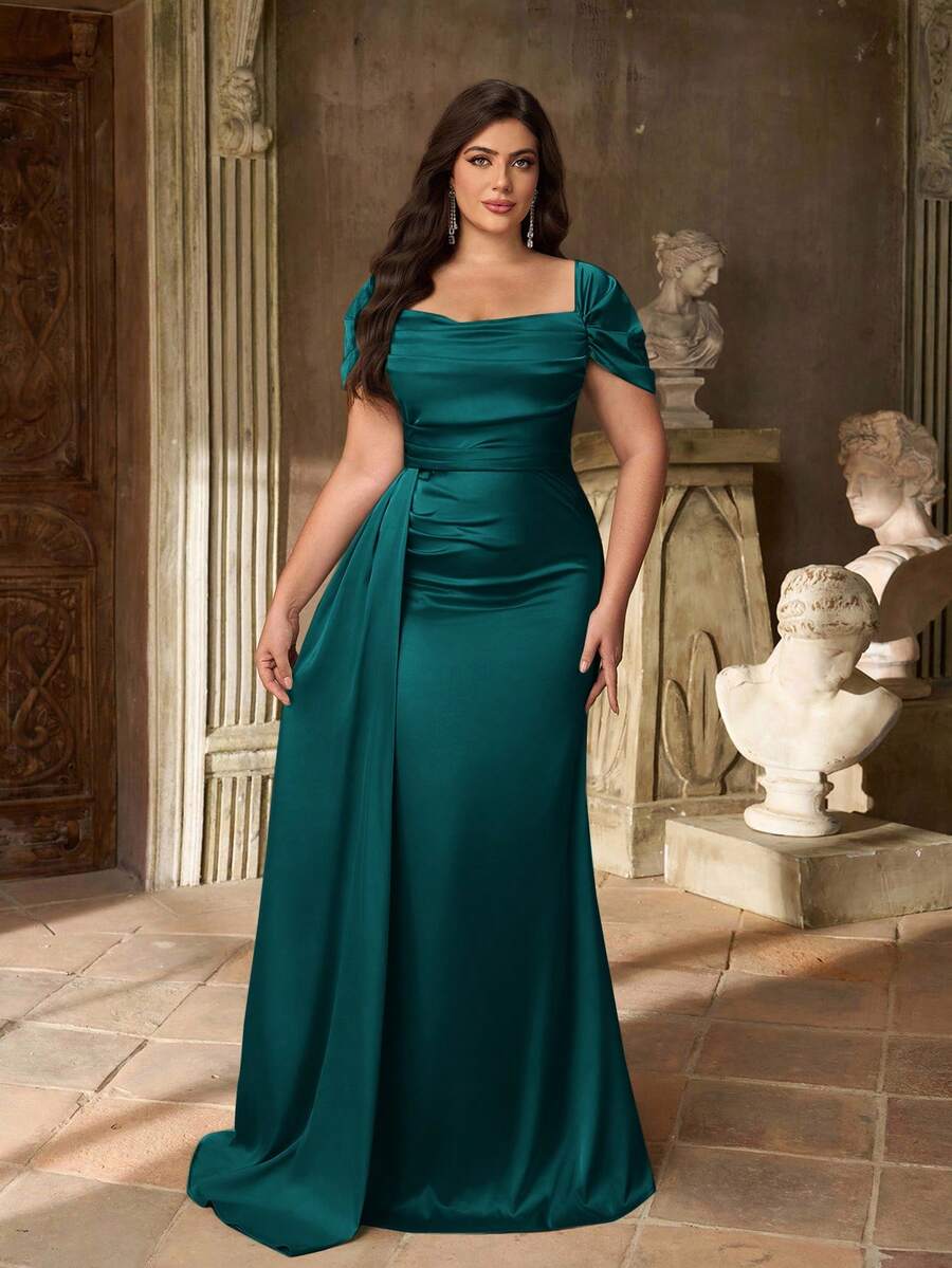 Aureia Vestido de dama de honor de satén de lujo con hombros abiertos, cintura fruncida, bajo de cola de sirena, en color verde, para tallas grandes y estilo minimalista elegante - Agua verde azul - Ver 1