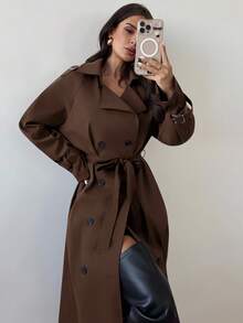 Firerie Women's Khaki Lapel Faux Leather Sleeve Cinched Waist Double-Breasted Mid-Length Trench Coat, Long Sleeve Windbreaker, Spring/Autumn/Winter Clothing, Commuting, Elegant, Everyday, Work Wear,Women's Winter Clothes - Chocolate Brown - View 4