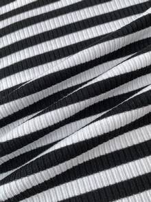 Tween Girls Long Sleeve T-Shirts, Suitable For Valentine's Day, Loungewear, Clean Girl, American BM Style, Y2K, Black & White Striped Knit U-Neck