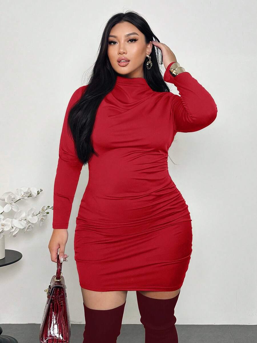 Firerie Plus Size Red Autumn Classy Satin Party Dress, Long Sleeve Ruched Bodycon Mini Dress,Elegant Curvy Fitted Mermaid Style Gala Wedding Valentine's