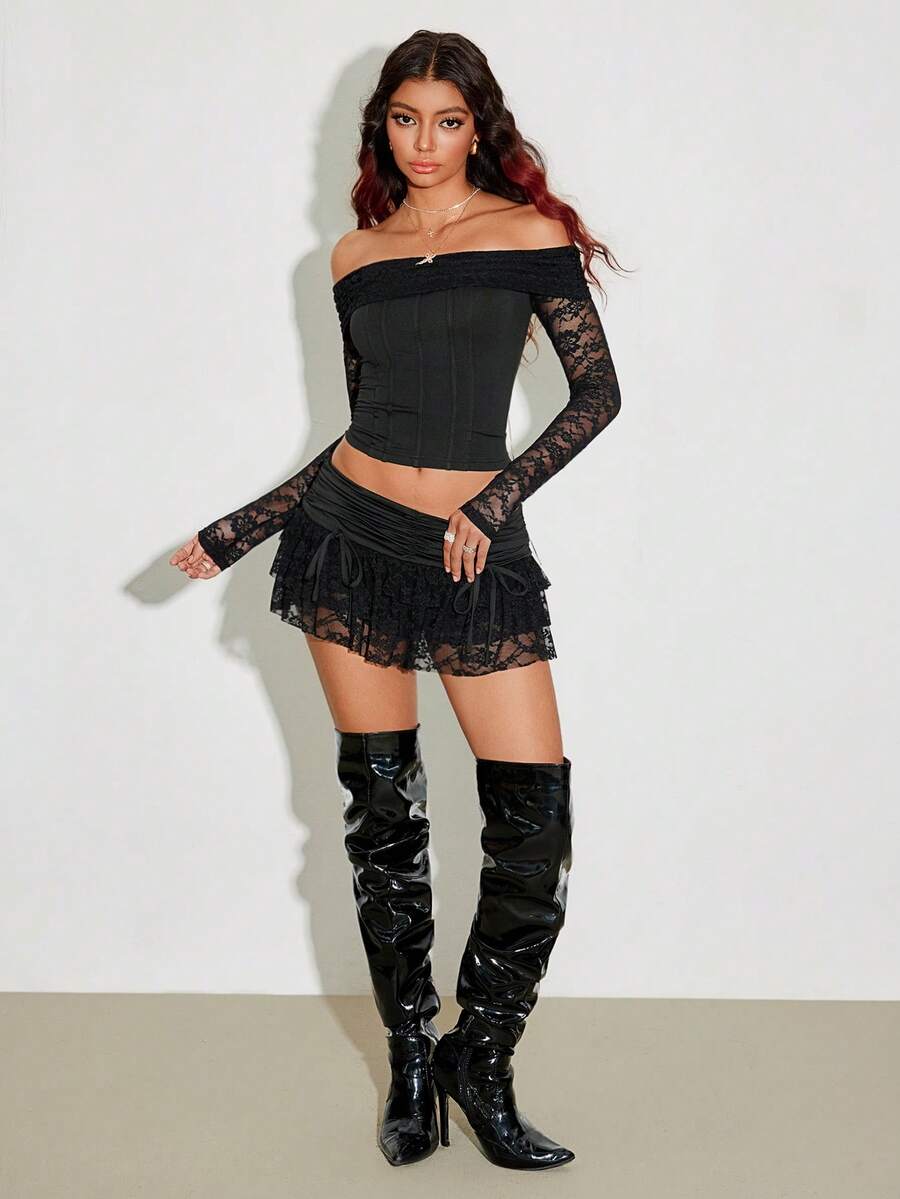 SHEIN TRNDY 2 件套女士黑色蕾丝拼布露肩长袖短款上衣和低腰迷你裙套装，适合派对、日常穿着、通勤 - 黑色 - 查看 1