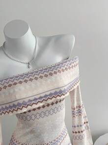 Comfortcana Women's Geometric Print Off Shoulder Flare Sleeve Mini Dress - Multicolor - View 6