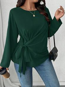 EMERY ROSE Áo cánh thường ngày cổ tròn tay dài buộc gấu cỡ lớn có nơ - Màu xanh lá cây đậm - Xem 7