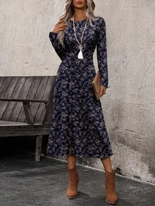 EMERY ROSE Women's Casual Vacation Style Full Floral Print Waist Cinched Long Dress, Spring/Autumn - Navy Blue - View 5