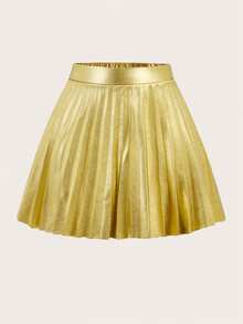 SHEIN 少女款 Glowmode 休闲针织 PU 面料金属质感高腰半身裙，日常穿着，母女装，适合秋冬季日常休闲穿着和上学穿着，金色百褶裙，适合派对穿着。 - 金色 - 查看 2