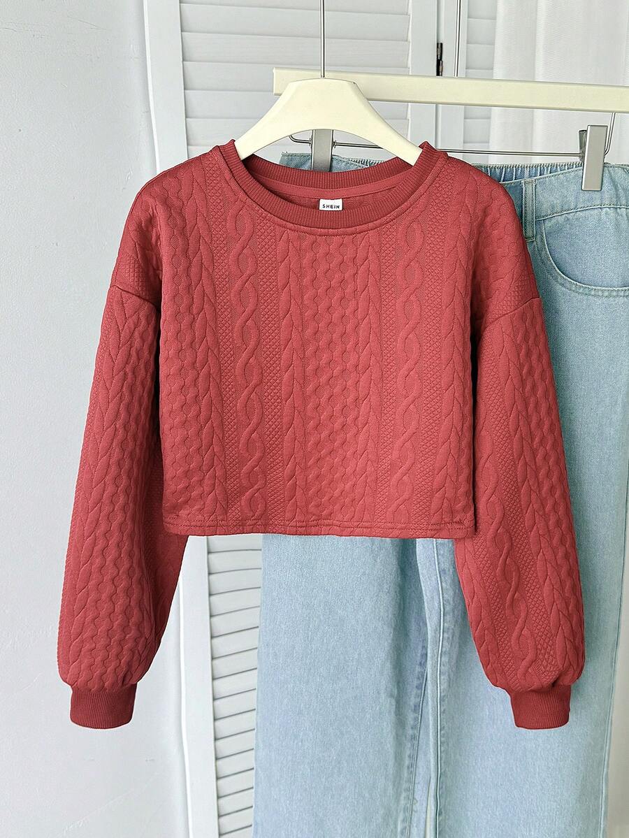 SHEIN Tween Girls' Casual Sports Versatile All-Match Knit Cable Textured Crew Neck Cropped Loose Pullover Autumn Sweatshirt - Red - View 1