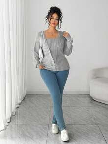 Elenzga Camiseta Plus Size Casual Minimalista com Gola Redonda e Manga Longa - Cinza claro - Ver 4
