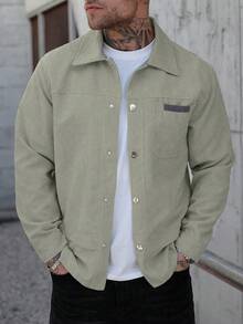 Manfinity CasualCool 男士休闲日常通勤拼接口袋灯芯绒长袖夹克，秋季款 - 橄欖綠 - 查看 3