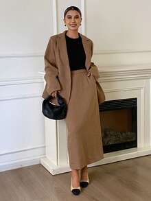 DAZY Women's Solid Color Loose Long Sleeve Blazer Jacket And Straight Skirt Elegant Office Formal Suit Set, Autumn/Winter Business Attire - Brown - View 6