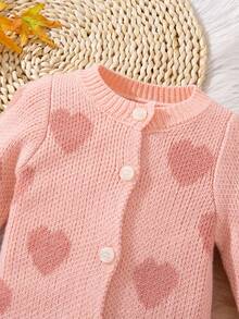 SHEIN Baby Girl Heart Pattern Long Sleeve Single-Breasted Knitted Jumpsuit, Autumn/Winter