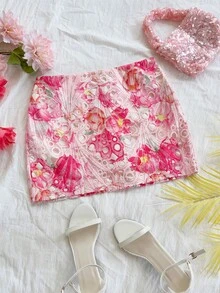 Soleia 新款休闲度假西部海滩婚礼宾客着装毕业早午餐女士圣帕特里克节春假复活节音乐节优雅波西米亚热带印花纹理迷你裙 - 淺粉色 - 查看 6