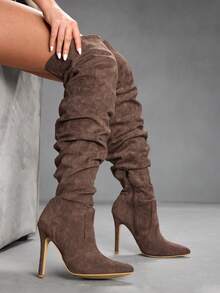 CUCCOO SZL Women's Slim Heel High Heel Deep Brown Autumn/Winter Boots, Sexy Party/Dance Boots, Wide Leg Boots, Pleated Boots, Thigh High Boots, Suede For Christmas Valentine's Day - Coffee Brown - View 6