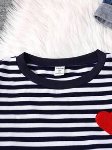 SHEIN Teen Girl Lightweight Knit Color Block Striped Heart Graphic Loose Casual Crew Neck Sweatshirt, Suitable For Holiday And Spring Festival Autumn Winter - Navy Blue - View 4
