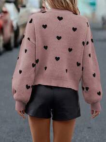 EMERY ROSE Casual Heart Pattern Drop Shoulder Loose Knit Sweater, Autumn/Winter - Coral Pink - View 2