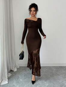 Modelyn Women's Elegant Lace Patchwork Midi Dress - Coffee Brown - View 4