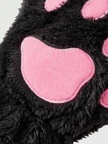 ROMWE Kawaii قفازات بدون أصابع مطرزة بشكل قدم قطة كرتونية جميلة، قفازات نصف أصابع دافئة من الفرو للتنكر والاستخدام اليومي في الخارج في فصلي الخريف والشتاء - الأسود والوردي - مشاهدة 3