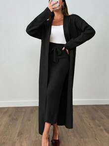 EURMUSE Woman Long Cardigan And Midi Skirt Two Pieces Set Co-Ords - Black - View 5