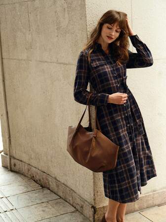 Écloséra 女式休闲复古格子纽扣衬衫裙