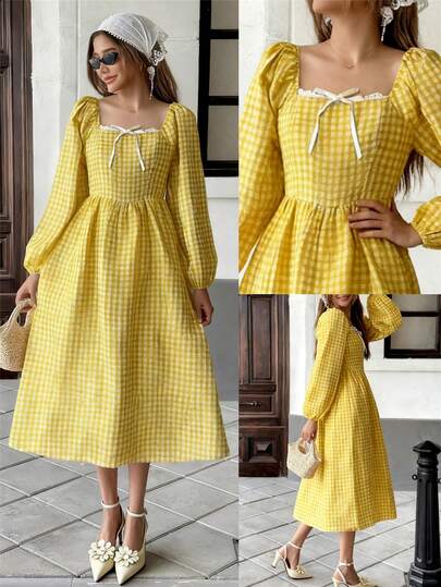 Pariaura 温柔风格 黄格子方领连衣裙，泡泡袖搭配蕾丝蝴蝶结装饰，褶皱腰身设计打造复古修身中长裙 甜美风格 黄格子方领中长裙，泡泡袖+褶皱腰身设计，蕾丝蝴蝶结点缀打造复古优雅 法式复古黄格子方领连衣裙，蕾丝蝴蝶结装饰泡泡袖褶皱腰身修身中长裙，打造温柔风格