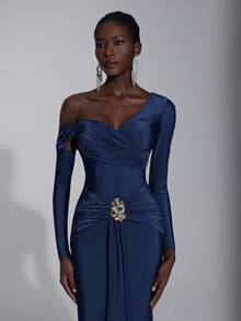 Elitara Váy đuôi cá bay phía trước, tay dài, vai lệch bất đối xứng, chất liệu thun màu nâu thanh lịch, trang trí kim loại, phù hợp cho đám cưới, tiệc tùng, kỳ nghỉ, váy dạ hội (dày dặn) - Màu xanh hải quân - Xem 6