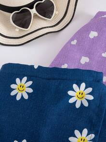 2件套女孩活力假期向日葵、心形、笑脸仿牛仔印花不对称短裤，蓝色和粉色组合，适合夏季外出 - 彩色 - 查看 4