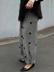 FRIFUL 女式休闲格子花卉刺绣灯笼裤 - 黑色 - 查看 2