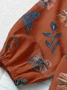 Linhara 大码女式花卉印花休闲优雅夏日度假衬衫 - 珊瑚橙 - 查看 5