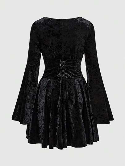 Goth Gothic Retro Velvet Diamond Velvet Fabric Women Witch Symbol Totem Pentagram Embroidery Pattern Flare Sleeve Super Short Dress