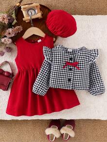 SHEIN Playful Pals 3pcs Baby Girls Plaid Flutter Sleeve Cardigan, Sleeveless Dress & Hat Set, Fashion Children Outfit For Spring/Autumn Baby Girl Christmas Outfit Christmas Baby Girl Dresses Toddler Red And White Dress 2pcs Set Toddler Girls Baby Girl Spring Fall Outfit Princess Halloween Party Set - Red - View 7