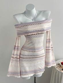 Comfortcana Women's Geometric Print Off Shoulder Flare Sleeve Mini Dress - Multicolor - View 1