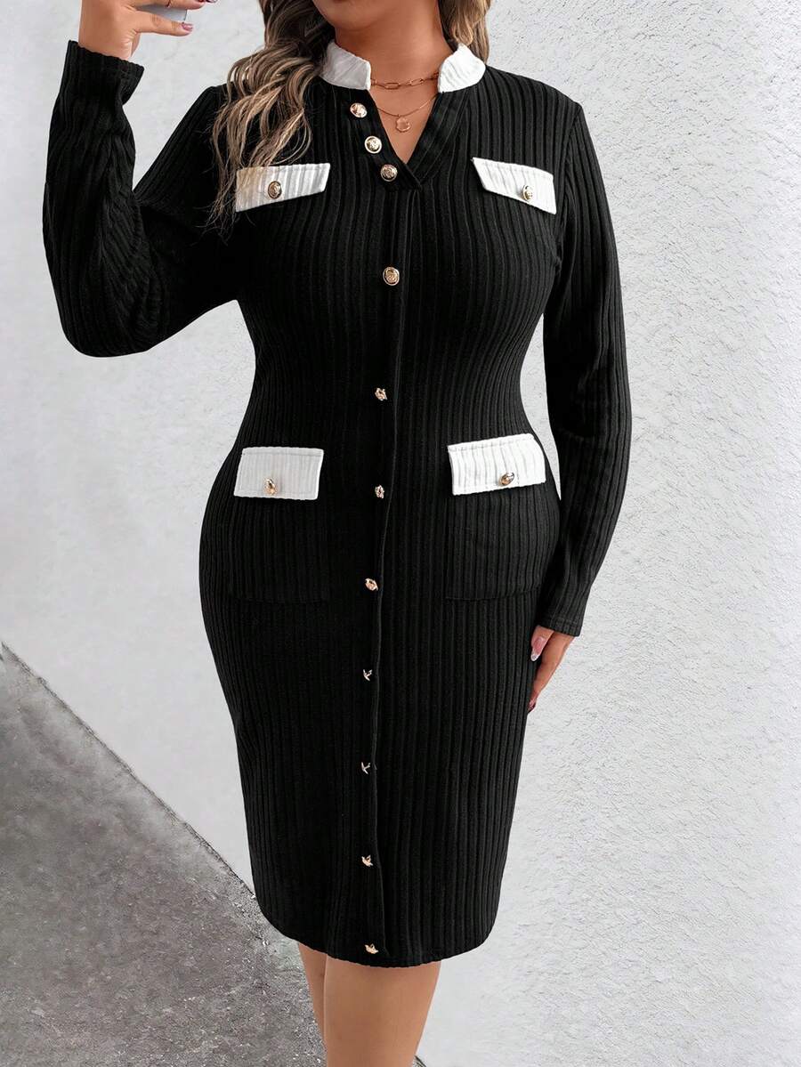 EMERY ROSE Plus Size Color Block Stand Collar Raglan Sleeve Button Front Ribbed Casual Fitted Elegant Dress - Burgundy - View 1
