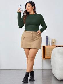 Solflare Camiseta de punto ajustada de talla grande, verde oliva - Verde Oscuro - Ver 5