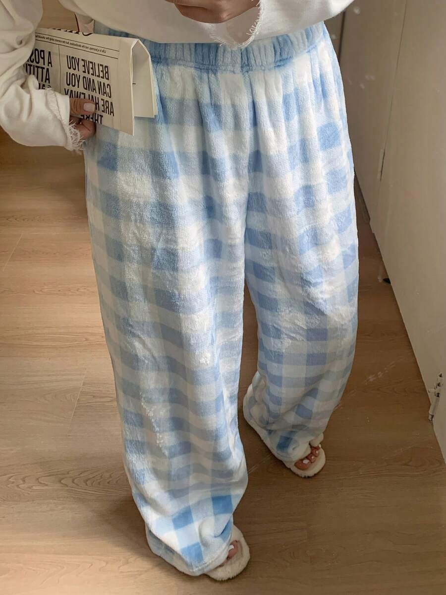 Dazy Plus 格子图案弹力腰宽松直筒保暖内衬蓬松舒适睡裤，大码女款，秋冬款 - 淺藍色 - 查看 1