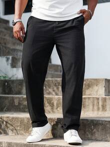 Manfinity Homme Plus Size Men's Casual Everyday Commute Simple Solid Color Drawstring Waist Slant Pocket Loose Straight Leg Pants Men Black Dress Pants Men Pants Casual Men Black Casual Pants Summer Breathable Slacks For Men Black Linen Pants Men - Black - View 3