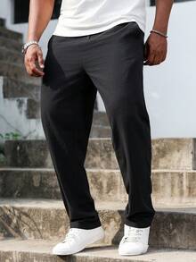 Manfinity Homme Plus Size Men's Casual Everyday Commute Simple Solid Color Drawstring Waist Slant Pocket Loose Straight Leg Pants Men Black Dress Pants Men Pants Casual Men Black Casual Pants Summer Breathable Slacks For Men Black Linen Pants Men - Black - View 5