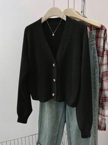 SHEIN Teen Girls' Solid V-Neck Cropped Casual Loose Drop Shoulder Long Sleeve Cardigan Sweater, Autumn - Black - View 3