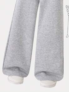 SHEIN Sparklyn Dziewczęce (dorosłe nastolatki) spodnie dresowe, minimalistyczny wzór z logo, kontrastowe kolory, ozdobna kieszeń, dzianinowe spodnie dresowe z kapturem, luźne, szerokie nogawki, długie - Szary - Zobacz 5