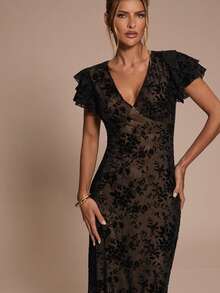 SHEIN BAE Damen Einfarbiges Kleid mit Spitzen-Patchwork V-Ausschnitt und Puffärmeln - Schwarz - Übersicht 6