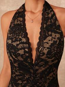 Lumalex Robe de demoiselle d'honneur bordeaux à volants en dentelle et maille contrastée, robe de soirée élégante et glamour à épaules dénudées, nouvelle collection automne-hiver pour fête, mariage, cérémonie, vacances, festival - Noir - Voir 8