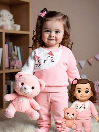 SHEIN 2pcs/Set Infant/Toddler Girls' Cute & Elegant Style Autumn/Winter New Arrival, Fluffy Cat Pattern Colorblock Fleece Sweatshirt Top + Solid Pink Casual Pants, Suitable For Daily Wear Or Outdoor