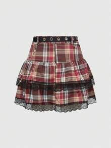 ROMWE Grunge Punk Falda plisada de línea A con parches de encaje a cuadros y lazo para mujer - Rojo - Ver 2