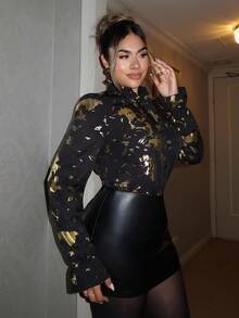 Xyvia Women's Elegant Party Shirt, Single Piece Woven Shiny Shirt Black Top, Comfortable Women's Long Sleeve Shirt Collar Clothing For Autumn/Winter, Christmas, New Year, Silver Shiny Outfit Women's Party Shirt