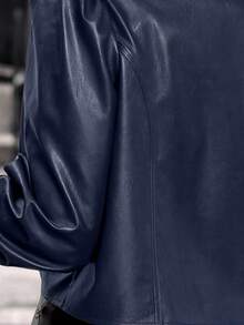 SHEIN Clasi 大码女式优雅短款夹克，长袖修身夹克，秋冬时尚 PU 皮夹克 - 藏蓝色 - 查看 8