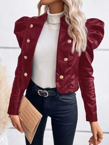 SHEIN Clasi 秋冬羊腿袖双排扣PU皮夹克 - 紅色 - 查看 7