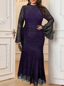 Modelyn 女士加大码优雅纯色提花喇叭袖美人鱼长款晚礼服 - 紫色 - 查看 1