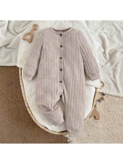 Loomiva Baby Girl Knitted Soft Round Neck Long Sleeve Jumpsuit, Versatile & Comfortable Baby Knit Jumpsuit Neutral Baby Clothes Unisex Toddler Linen Set
