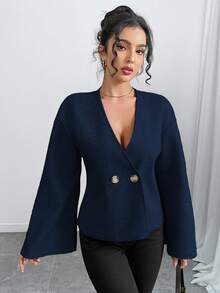INAWLY Cardigan elegante feminino, fofo, quente, decote em V, manga sino, cintura marcada, jaqueta curta - Azul marinho - Ver 3