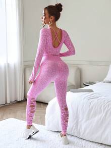 Slayform Leopard Print Women's Sexy Backless Long Sleeve Sports Set, Opaque Fitness Outfit For Autumn/Winter - Pink - View 2