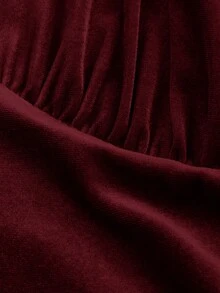 SHEIN CURVE+ 大码天鹅绒束腰灯笼袖中长连衣裙 - 酒紅色 - 查看 6